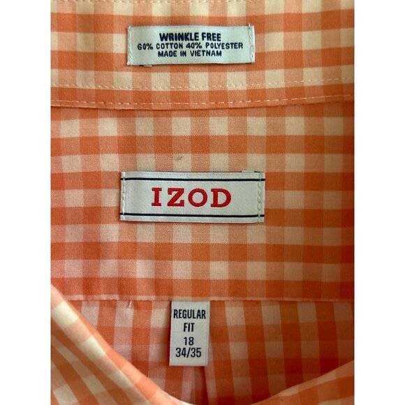Izod Wrinkle-Free Orange Gingham Button-Down Shirt Regular Fit Size 18 34/35 - Picture 3 of 8